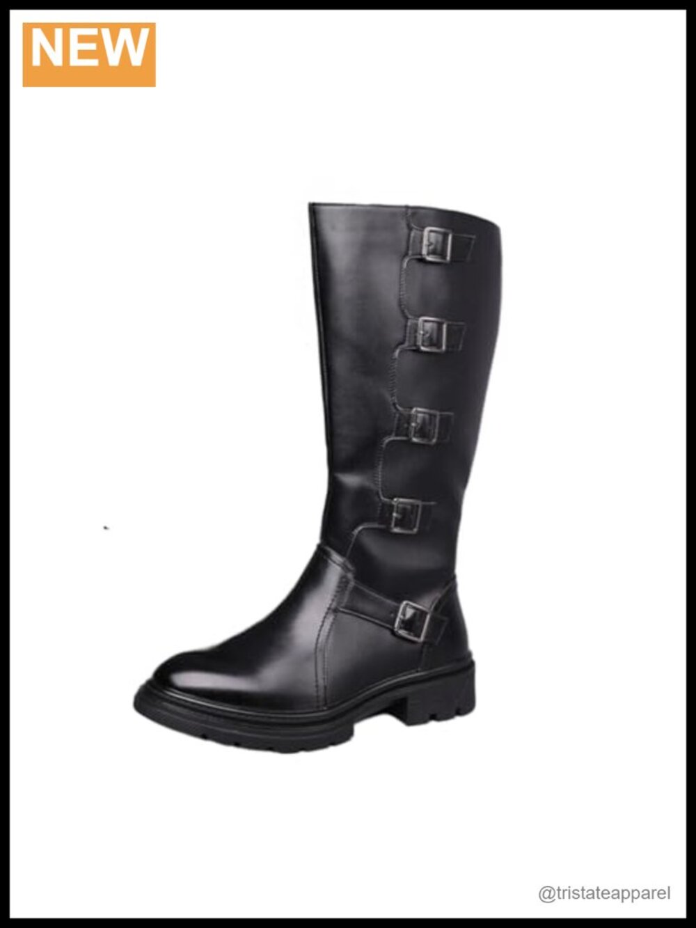 Genuine Leather Knee High Motorcycle Boots Side Zip Chunky Block Heel
